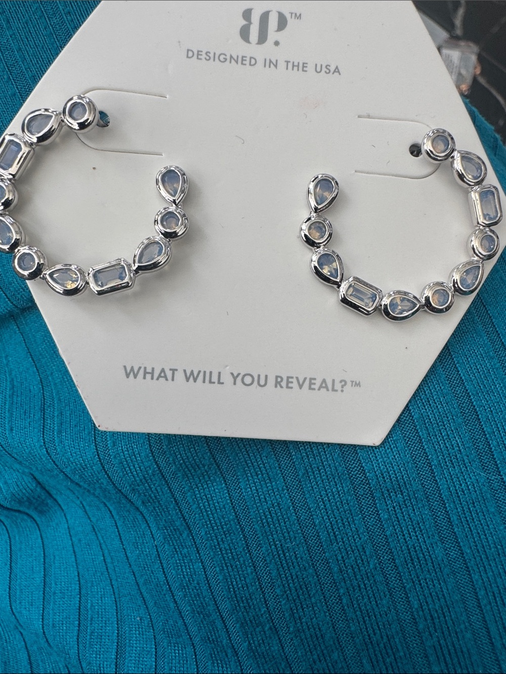 bp Silver Hoop Earrings with Clear Crystal Accents